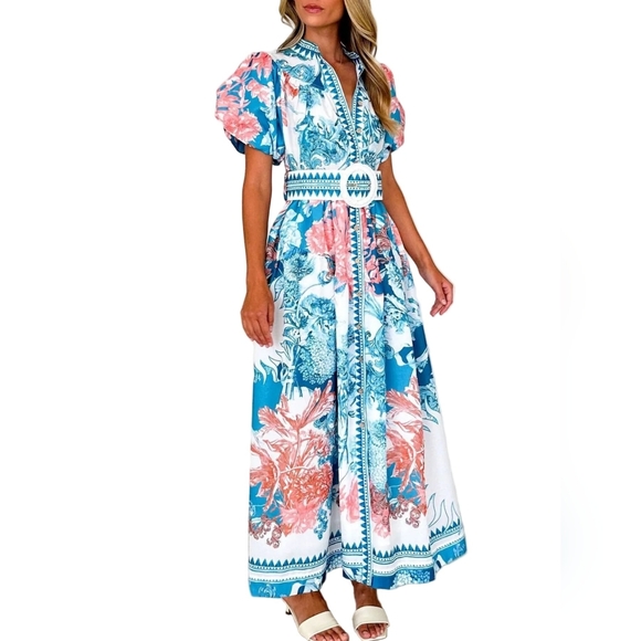Garden Floral Button-Up Mock Neck Puff Sleeve Wide Belt Slit Front Maxi Dress - Picture 9 of 12